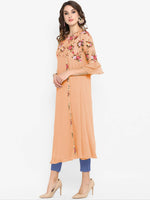 Thumbnail for Janasya Peach-Coloured & Green Floral Printed Bell Sleeves Kurta - Distacart