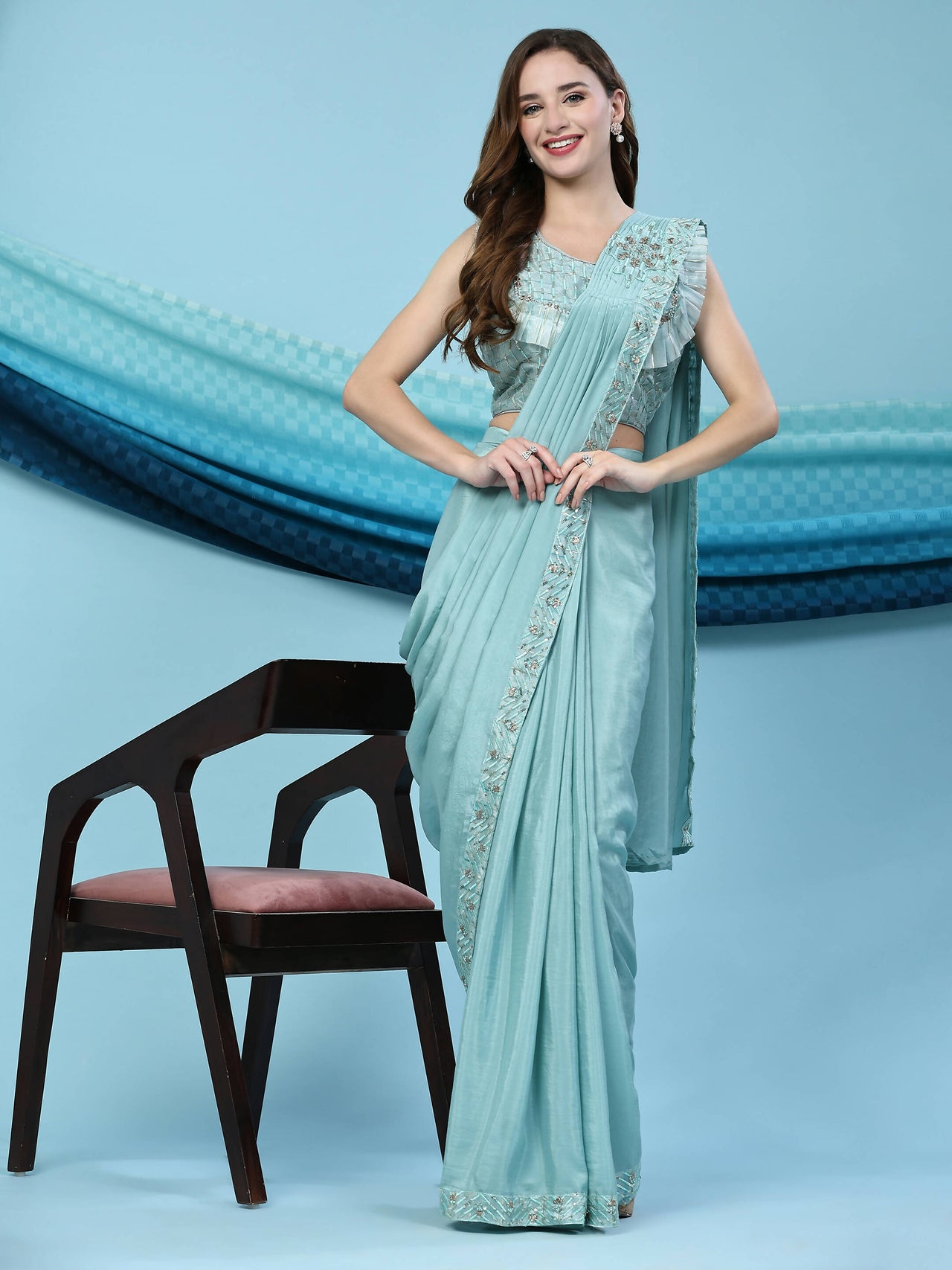Sky Blue Silk Satin Solid Ready to wear Saree with stitched Blouse - Satiksha - Distacart