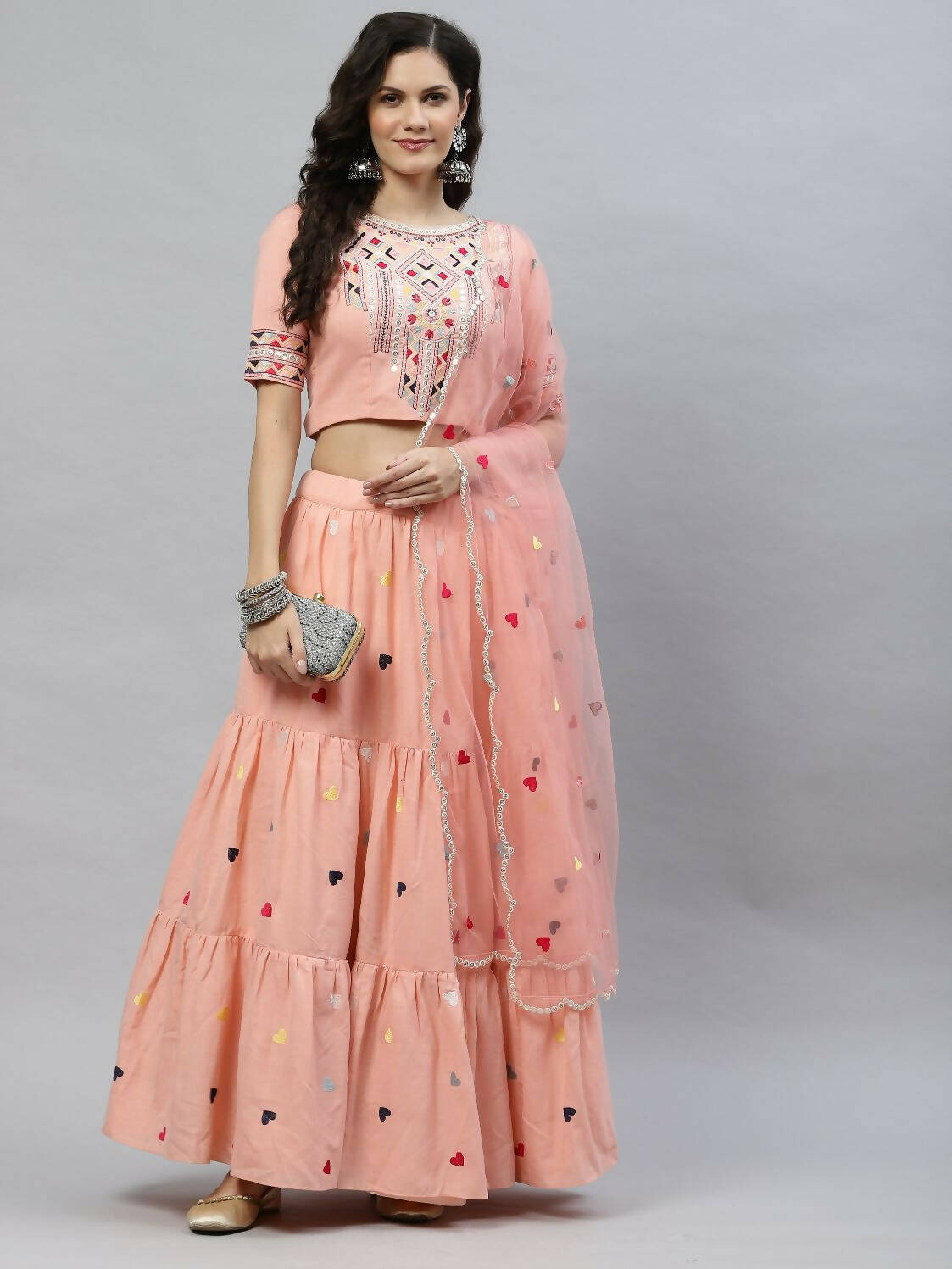 Pink Cotton Embroidered Work Lehenga Choli with Dupatta - Jivika - Distacart
