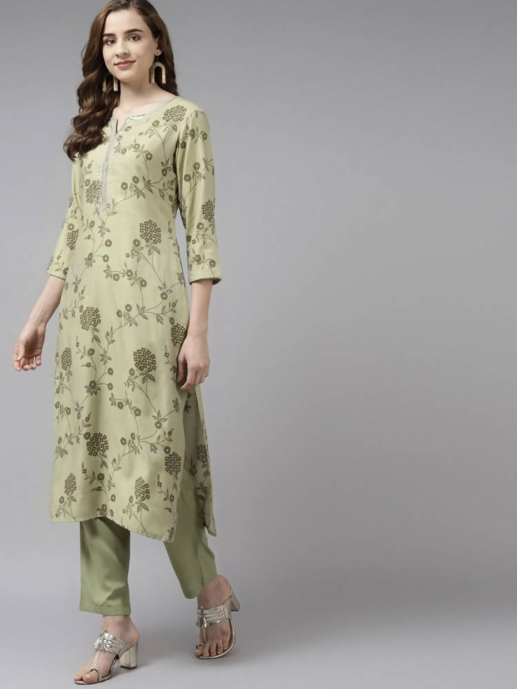 Yufta Women Olive Green Floral Printed Sequined Pure Silk Kurta with Palazzo and Dupatta