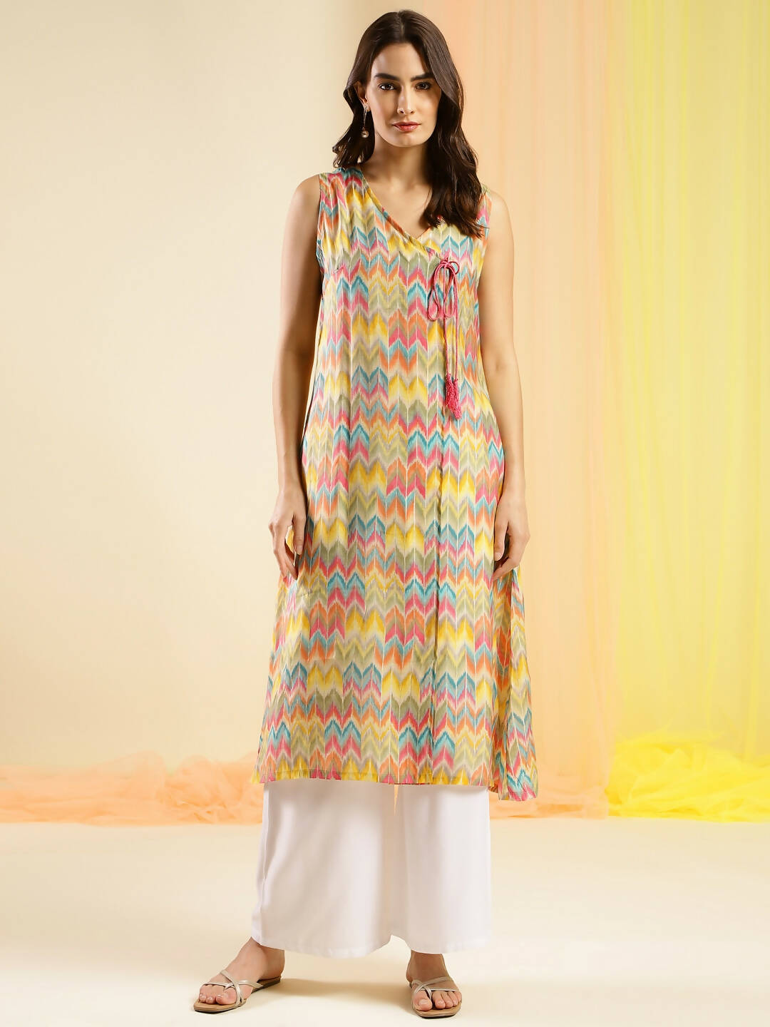 Women Multicolor Angrakha Poly Chanderi Printed Kurta - Shurma - Distacart