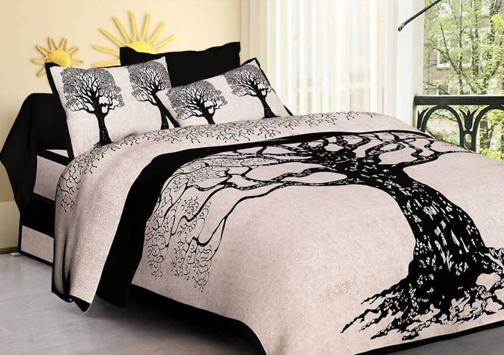 Vamika Printed Cotton Cream & Black Bedsheet With Pillow Covers (LEOC_SKTREE_BL) - Distacart