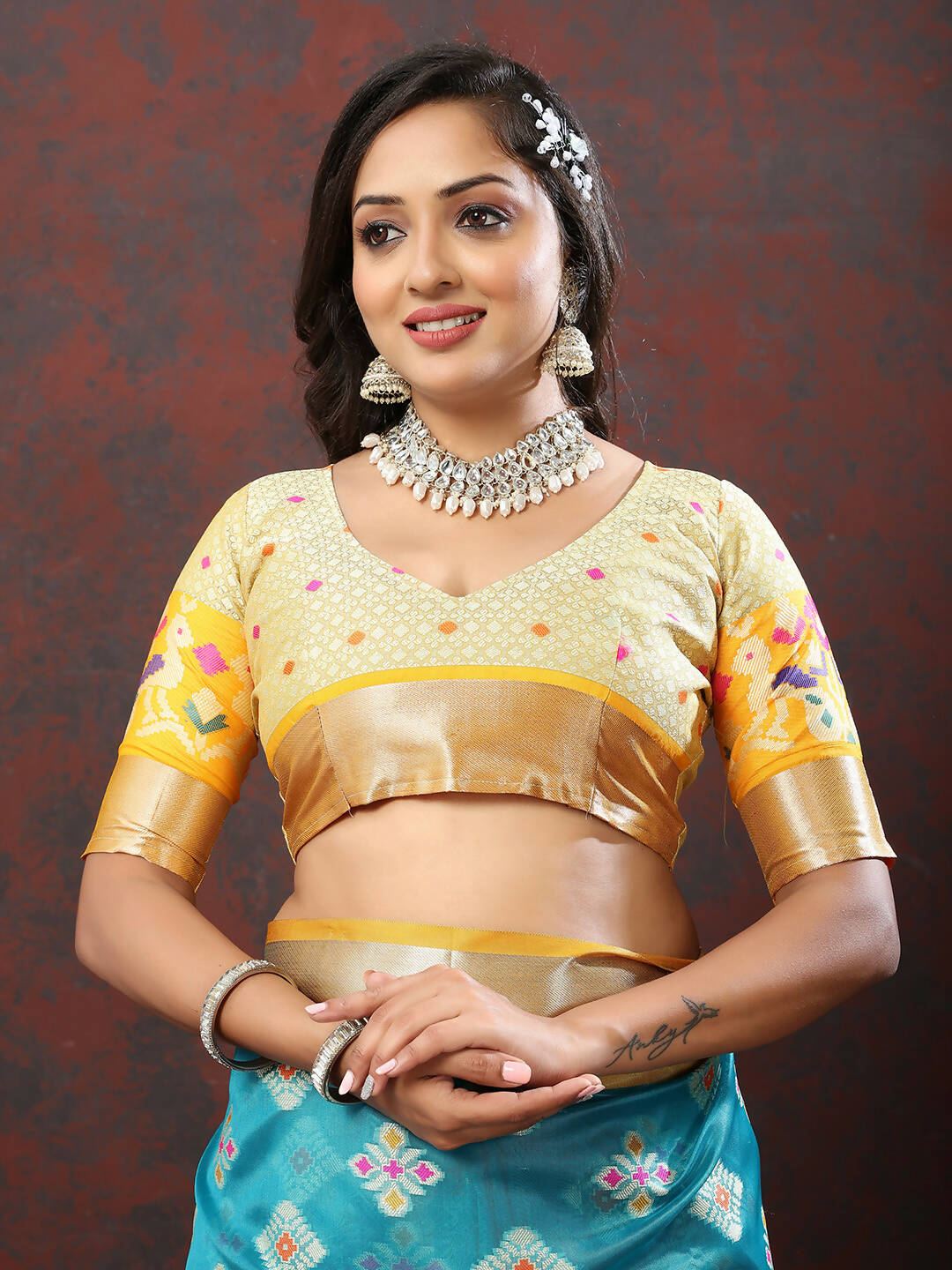 Lorenvalley Fashion Teal Organza Silk Woven Design with Meenakari Weaving Saree - Distacart