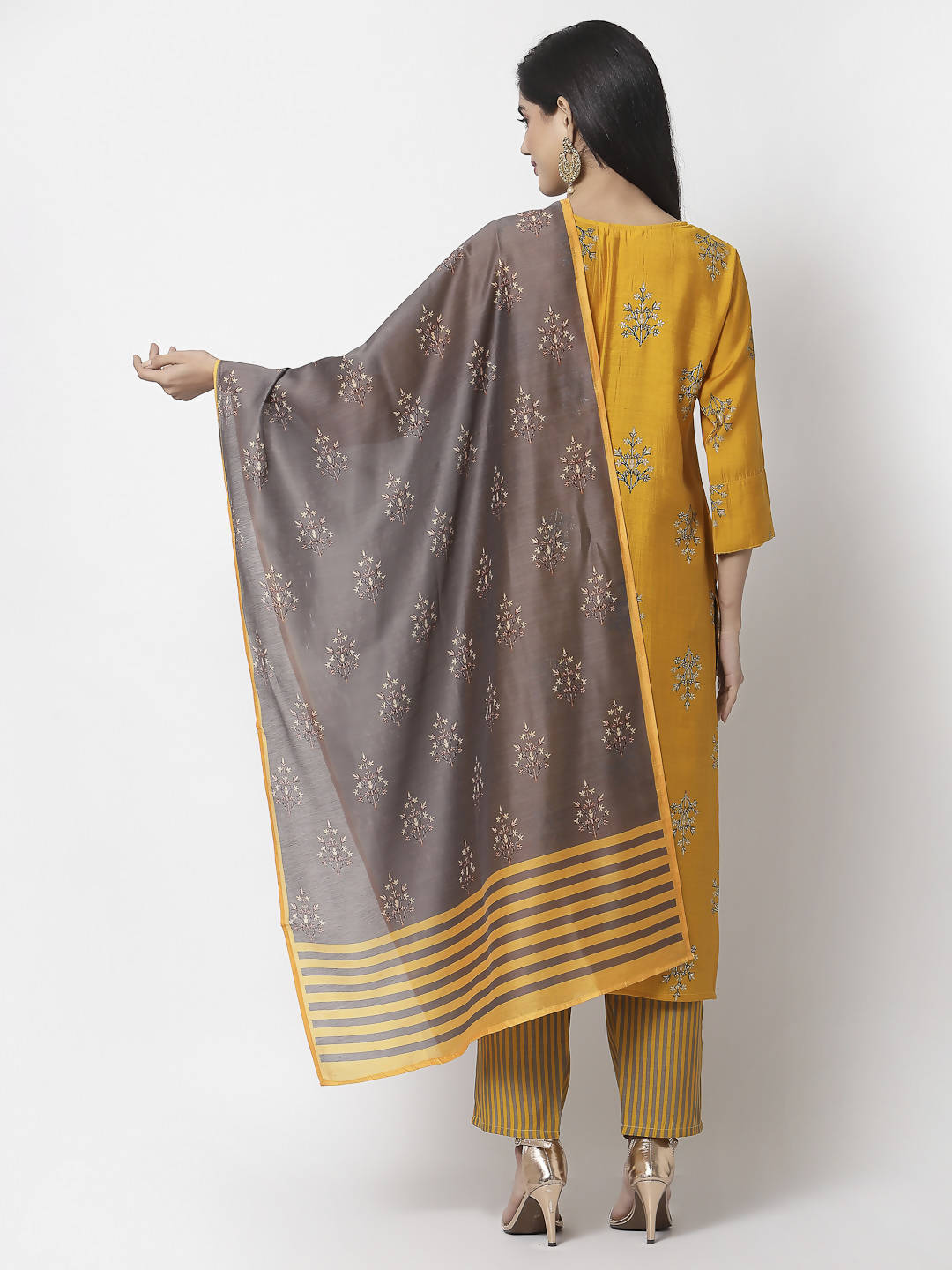 Myshka Mustard Viscose Printed 3/4 Sleeve Round Neck Kurta Pant Dupatta Set