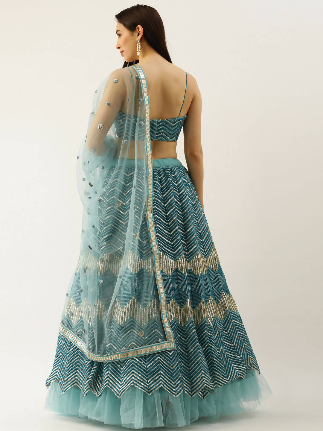 House of Panchhi Women Sea Green Net Zig-Zag Embroideried Lehenga, Blouse & Dupatta - Distacart