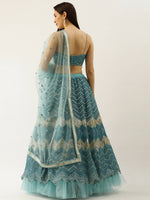Thumbnail for House of Panchhi Women Sea Green Net Zig-Zag Embroideried Lehenga, Blouse & Dupatta - Distacart