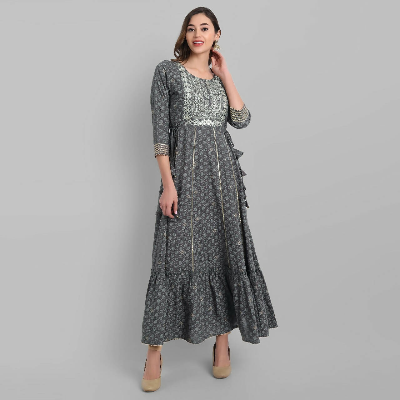 Juniper Grey Rayon Festive Wear Embroidered Tiered Long Dress - Distacart