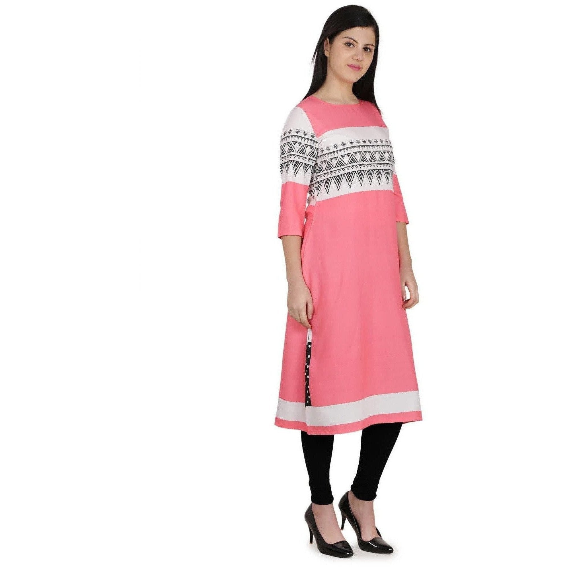 Kanoor Women's pink A line Round neck kurti