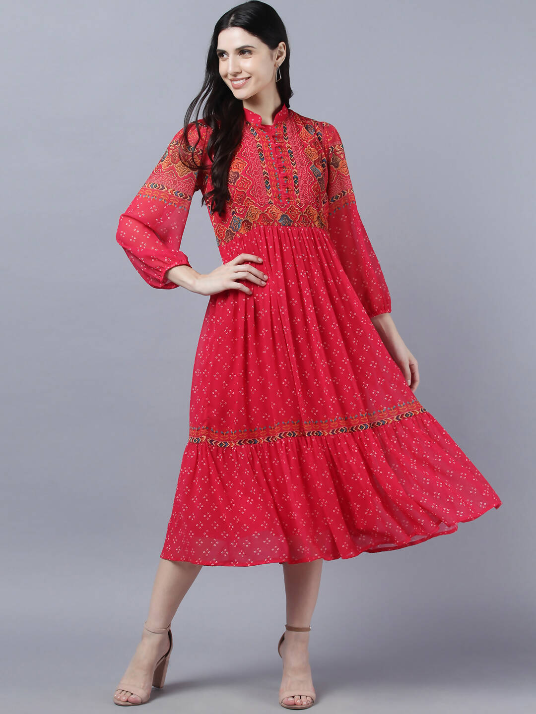 Myshka Stylish Red 3/4 Sleeve Women's Dress - Distacart