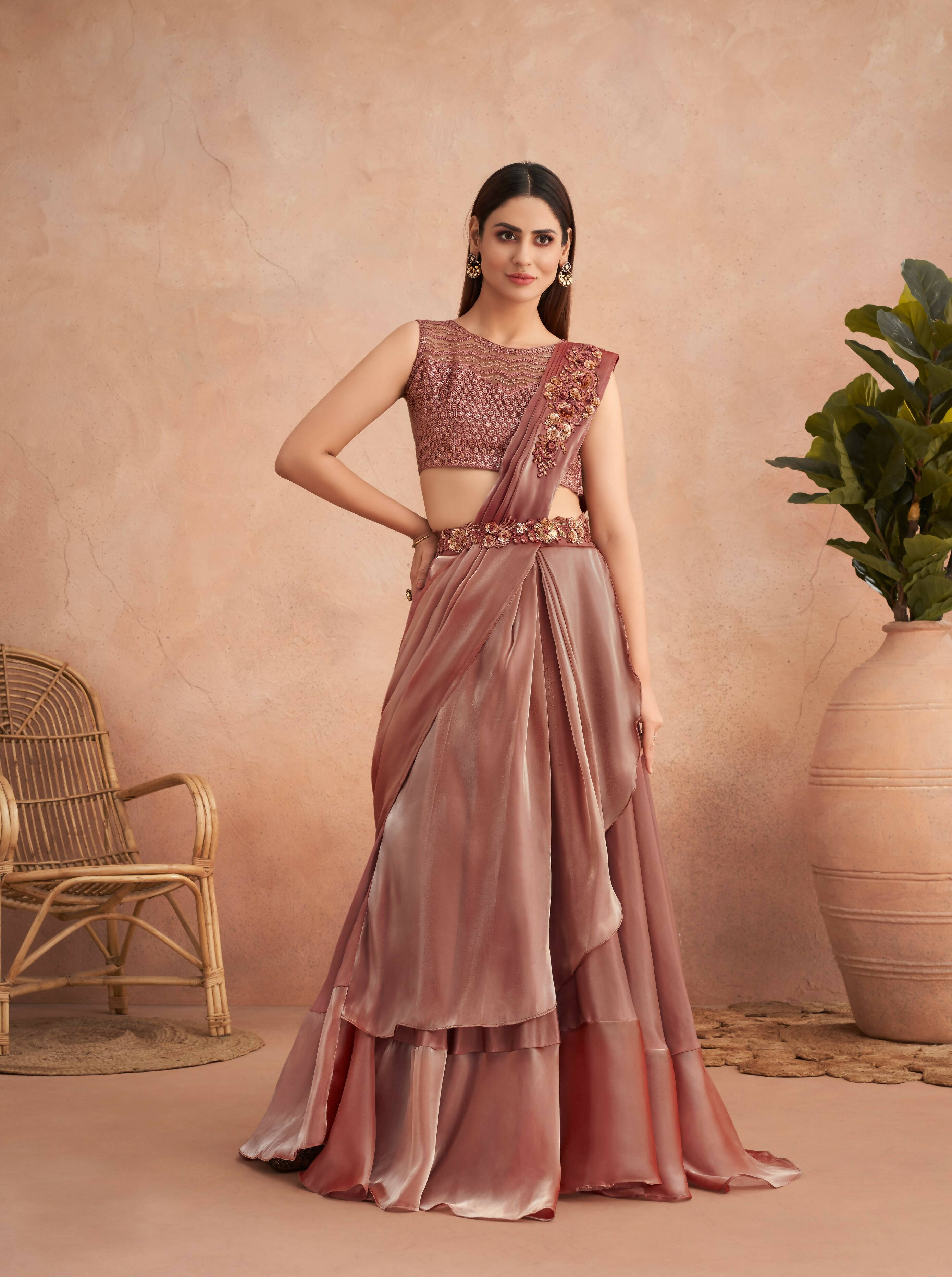 Pink Satin Embroidered Ready To Wear Saree With Unstitched Blouse Piece - Nandika - Distacart