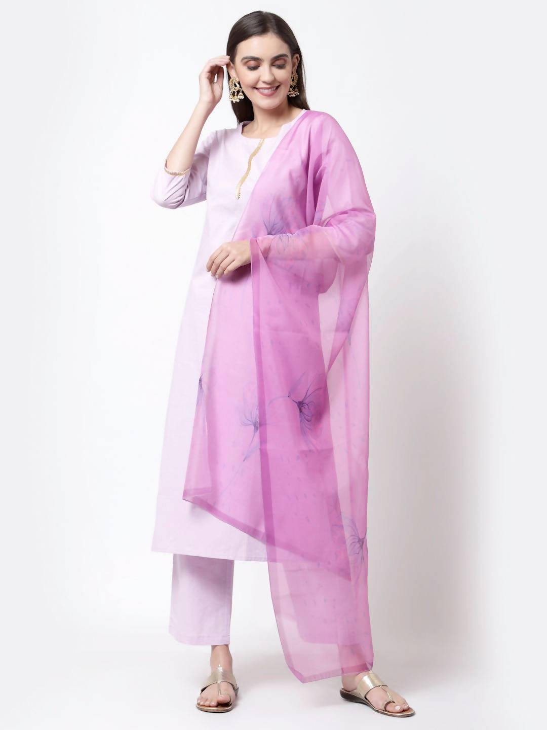 Myshka Light Purple Cotton Solid 3/4 Sleeve Round Neck Casual Kurta Pant Dupatta Set