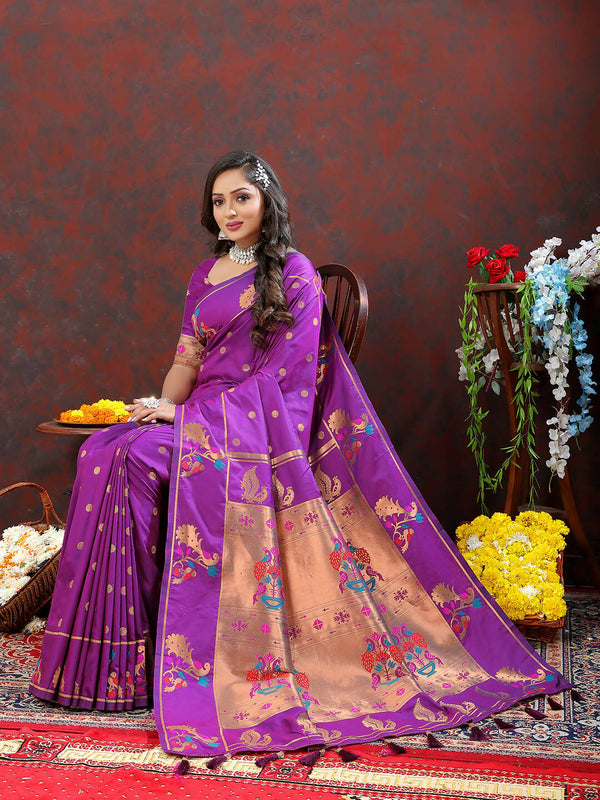 Lorenvalley Fashion Wine Soft Paithani Silk Woven Design Copper Zari Meenakari Weaving Saree - Distacart