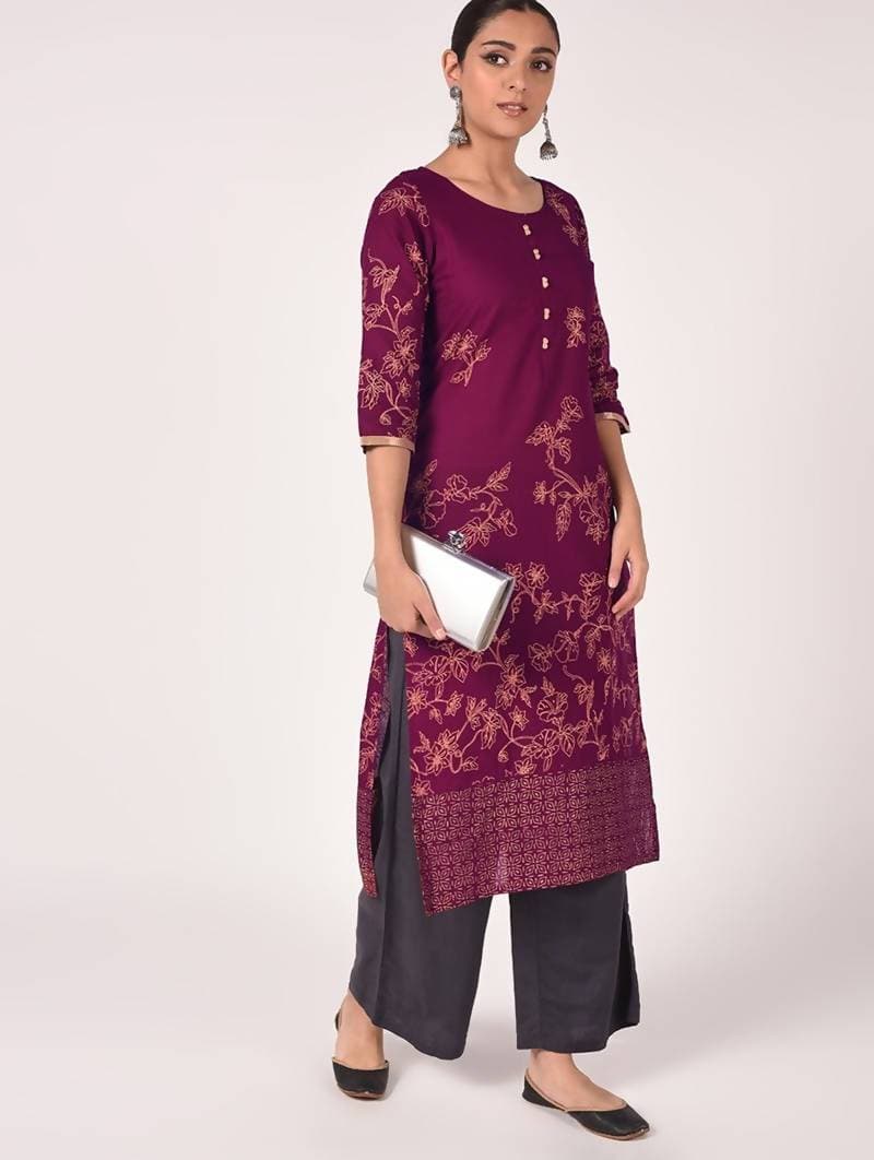 Cheera Hand Block Print Purple Color Straight Kurta