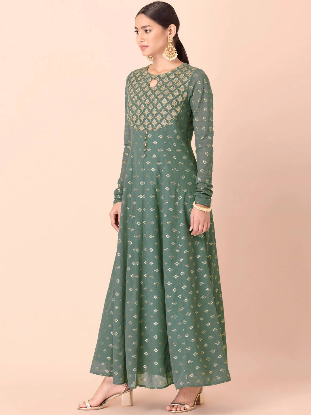 Buy Women Yellow Floral Print Embroidered Anarkali Suit Set With Churidar  And Dupatta - Yellows & Greens - Indya