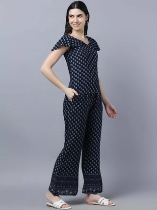 Myshka Women Navy Blue Ethnic Motifs Printed Pure Cotton Top with Palazzos - Distacart