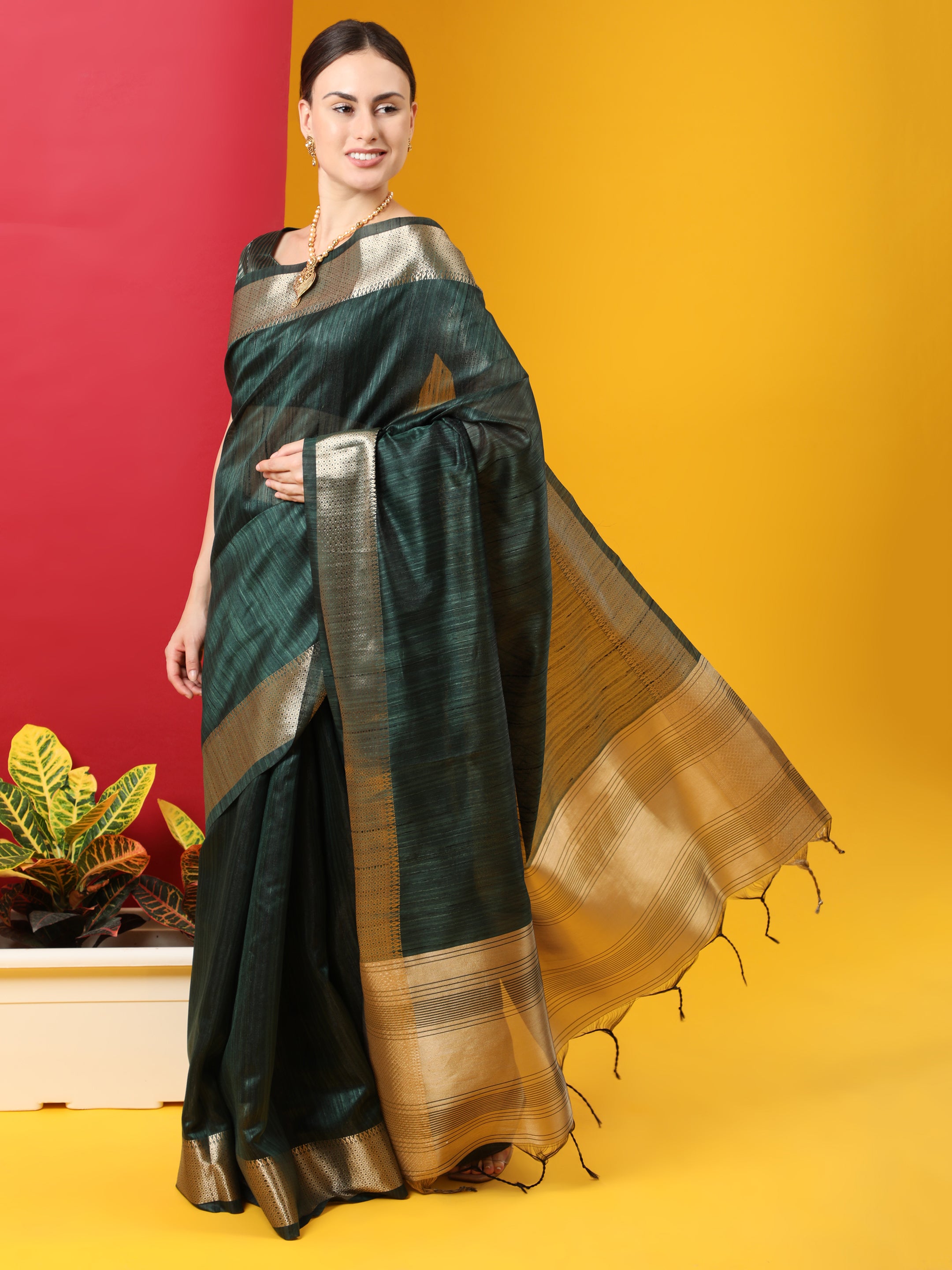 Vishnu Weaves Women's Bottle Green Tussar Silk Zari Woven Saree with Blouse - Distacart