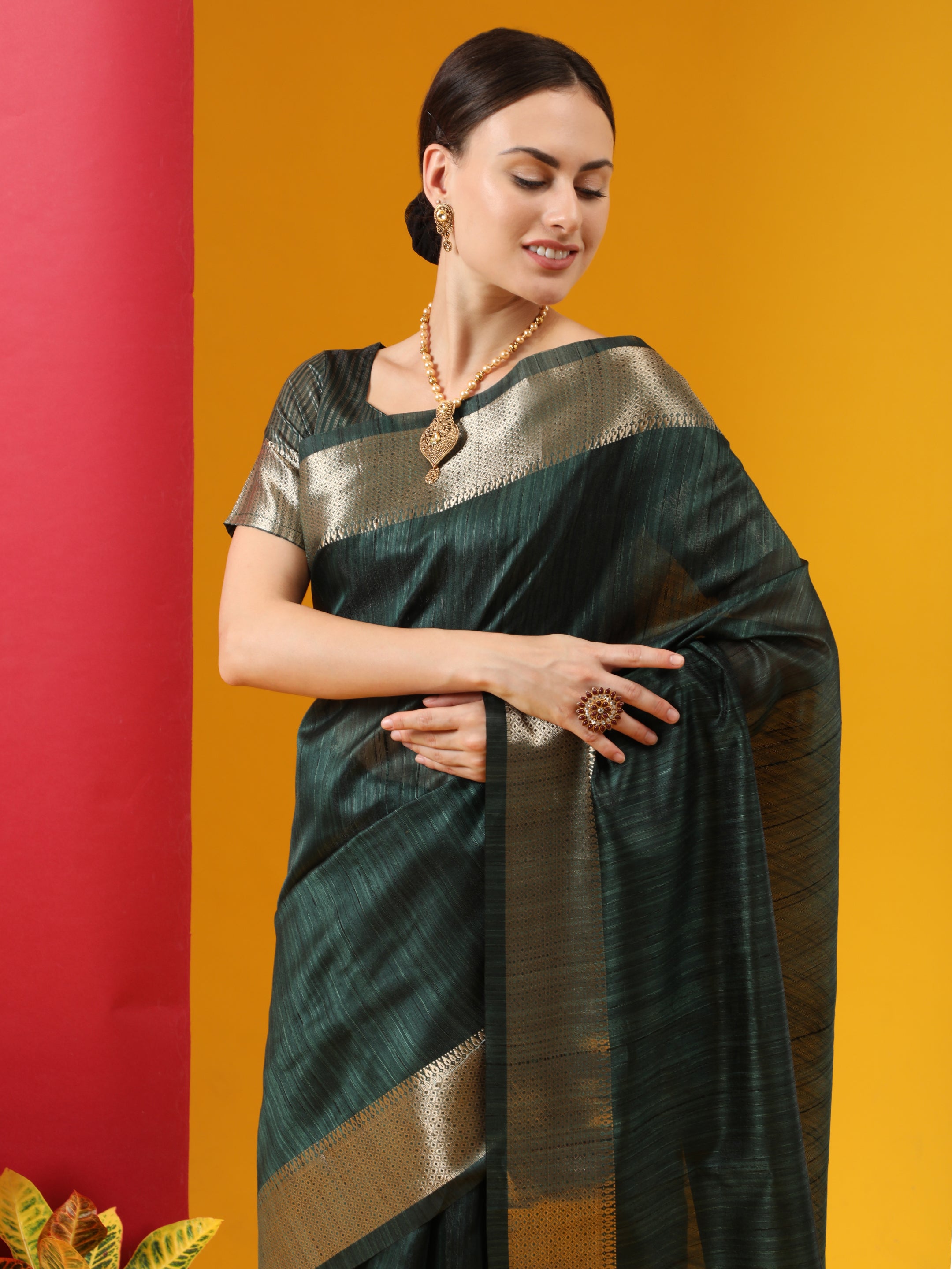 Vishnu Weaves Women's Bottle Green Tussar Silk Zari Woven Saree with Blouse - Distacart