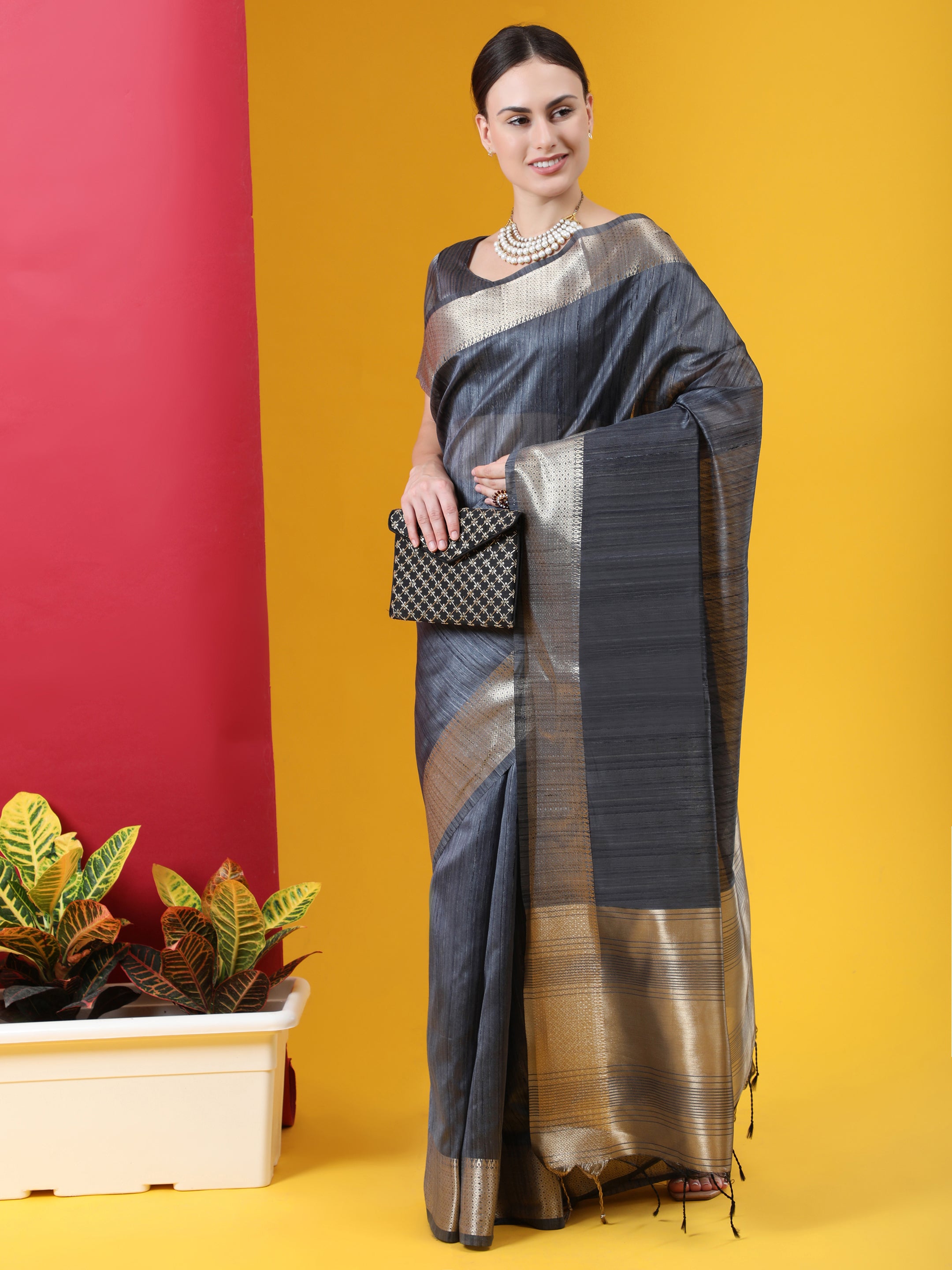 Vishnu Weaves Women's Grey Tussar Silk Zari Woven Saree with Blouse - Distacart