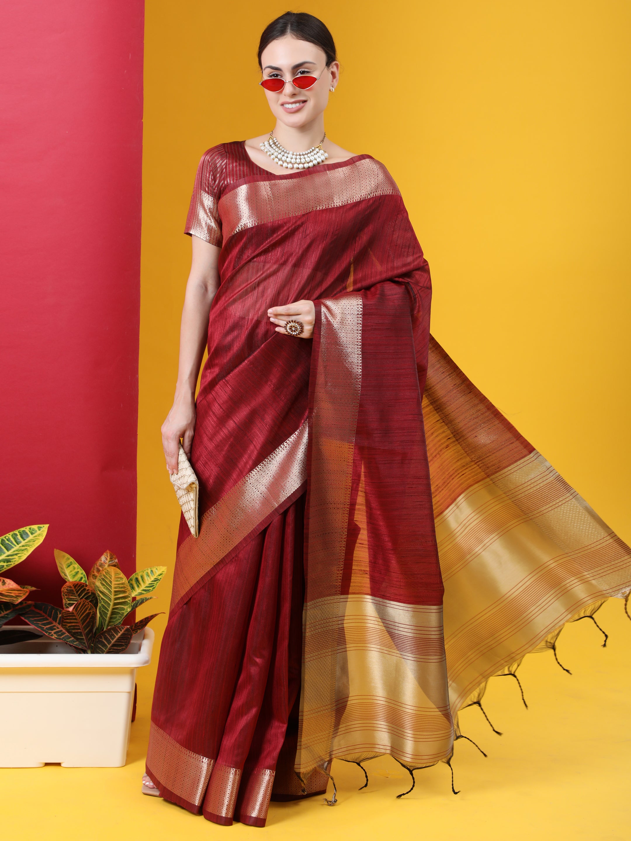 Vishnu Weaves Women's Maroon Tussar Silk Zari Woven Saree with Blouse - Distacart