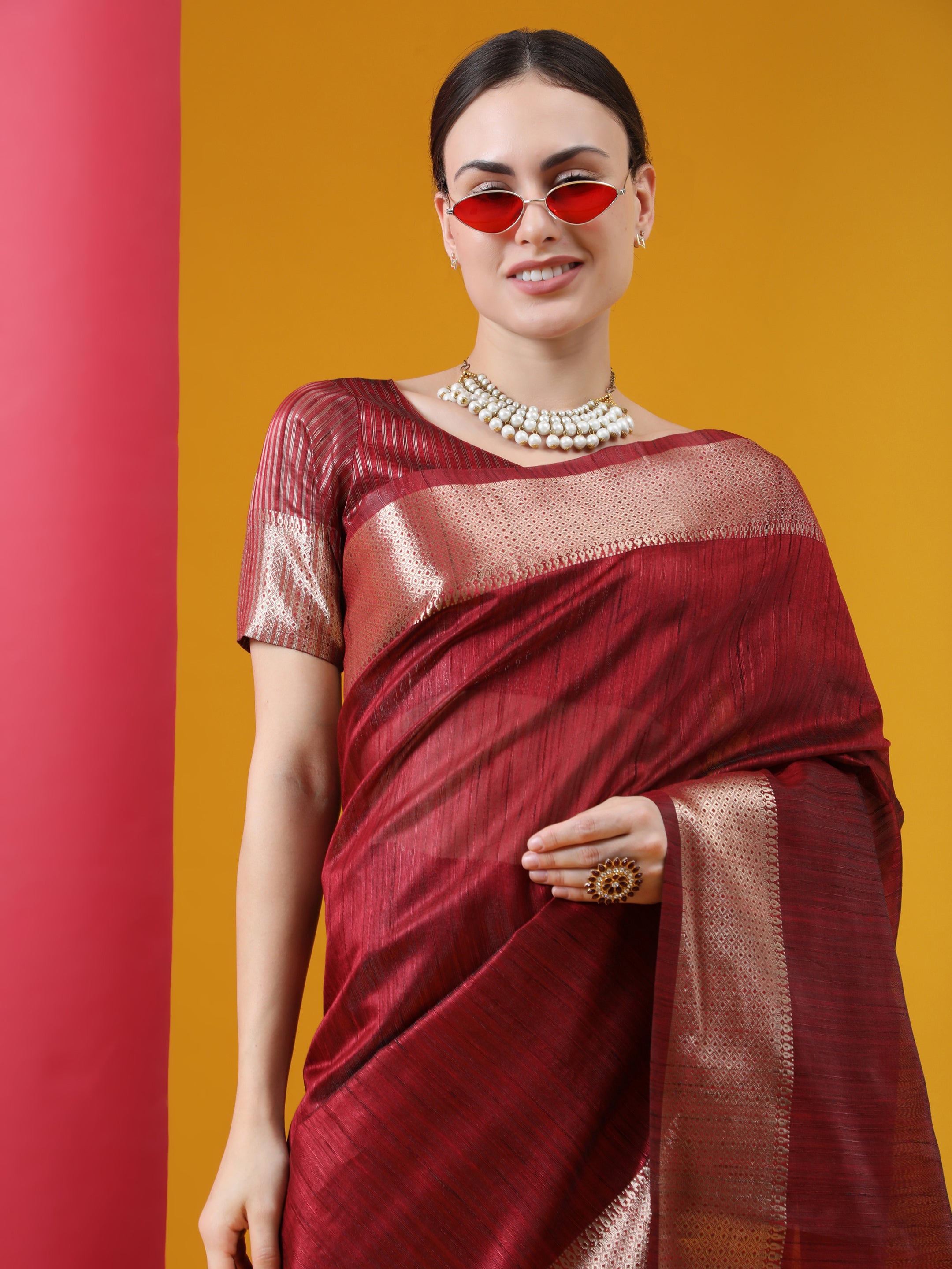 Vishnu Weaves Women's Maroon Tussar Silk Zari Woven Saree with Blouse - Distacart