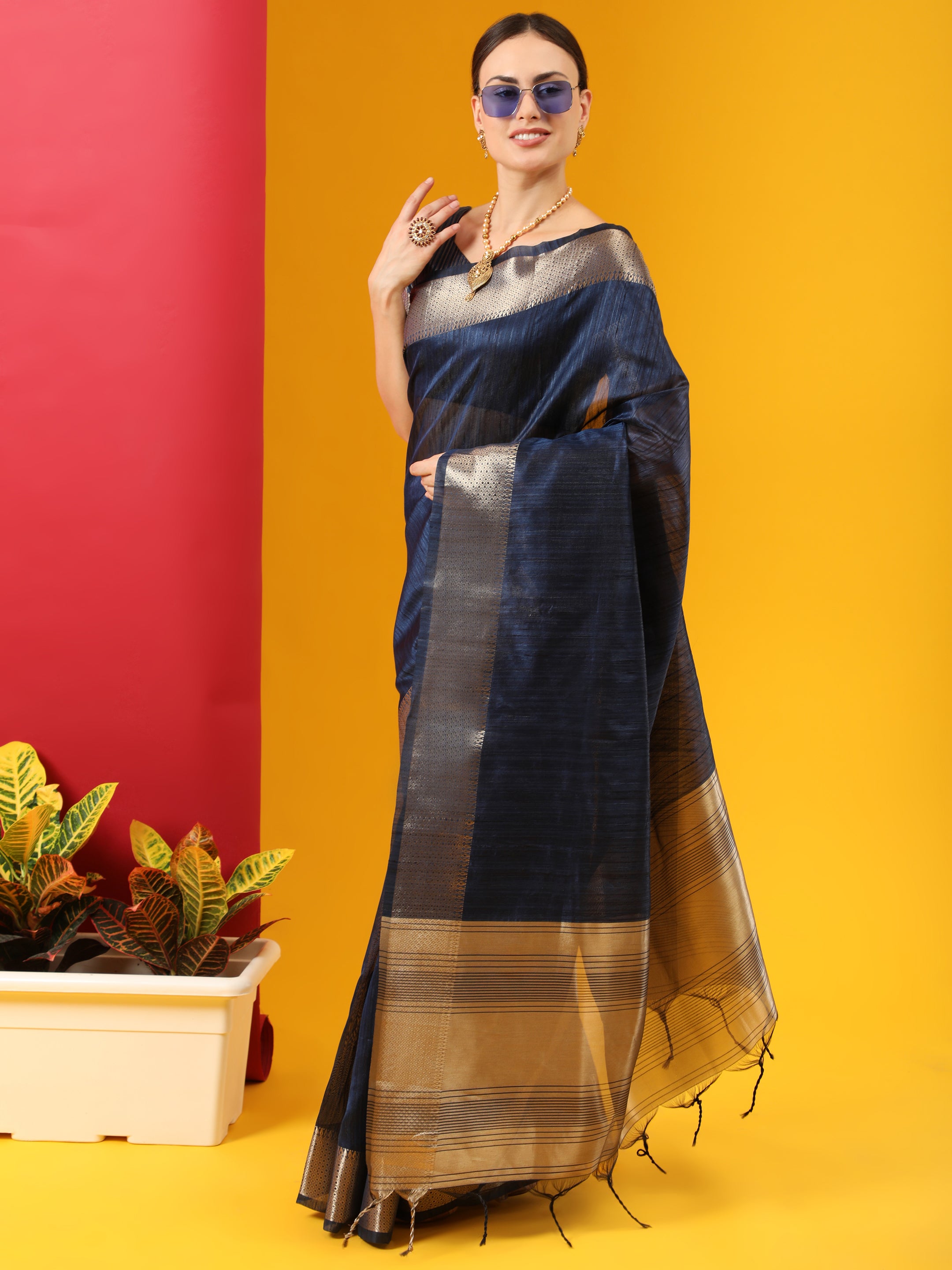 Vishnu Weaves Women's Navy Blue Tussar Silk Zari Woven Saree with Blouse - Distacart