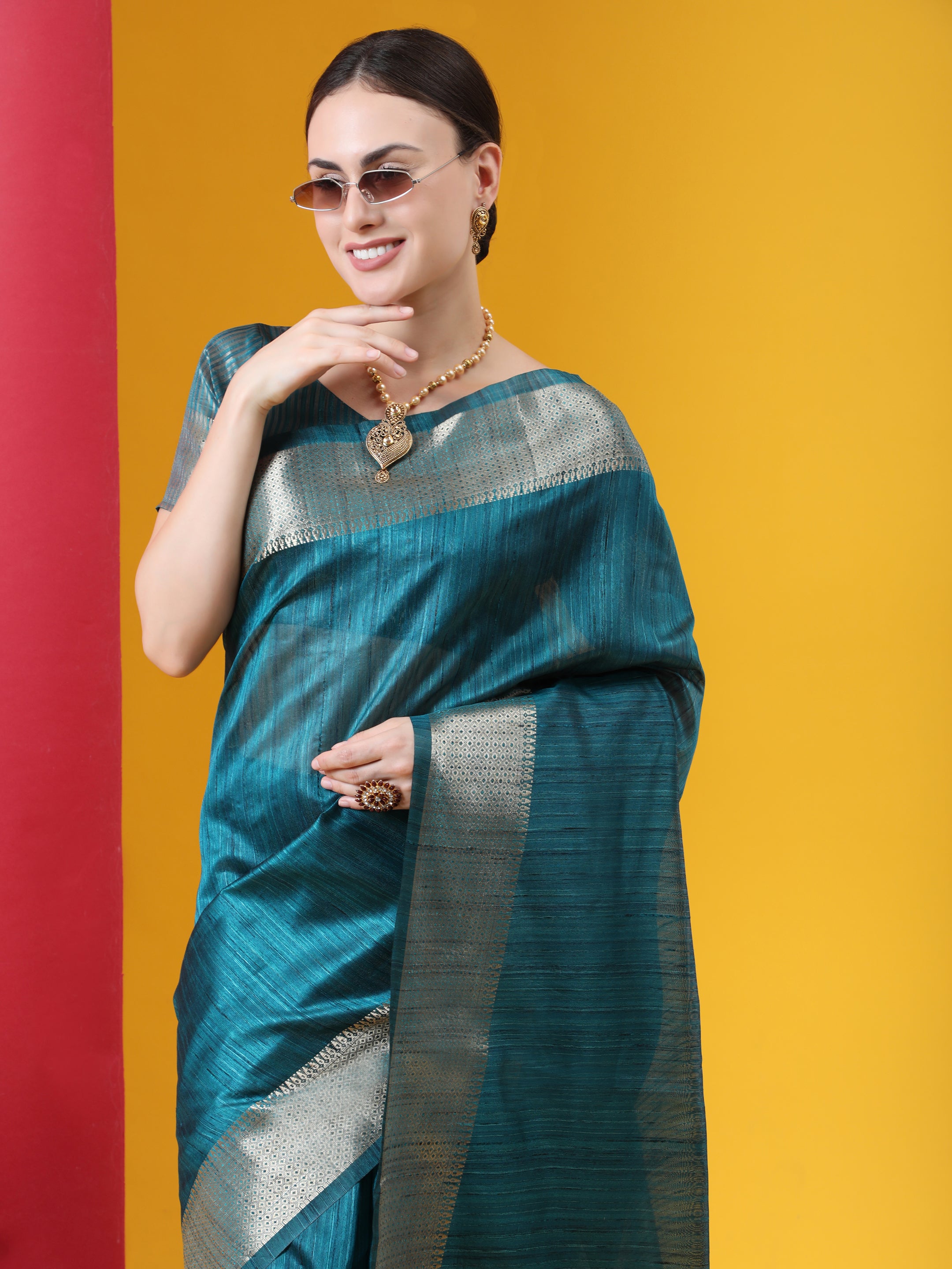 Vishnu Weaves Women's Teal Blue Tussar Silk Zari Woven Saree with Blouse - Distacart