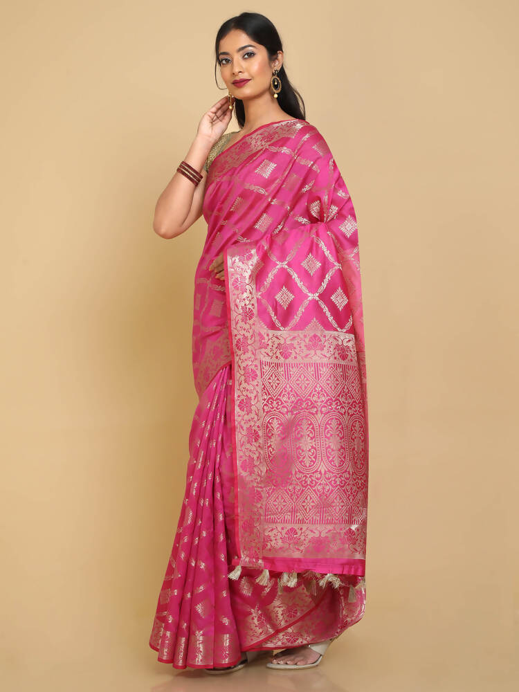 Kalamandir Checked Pink Silk Blend Saree
