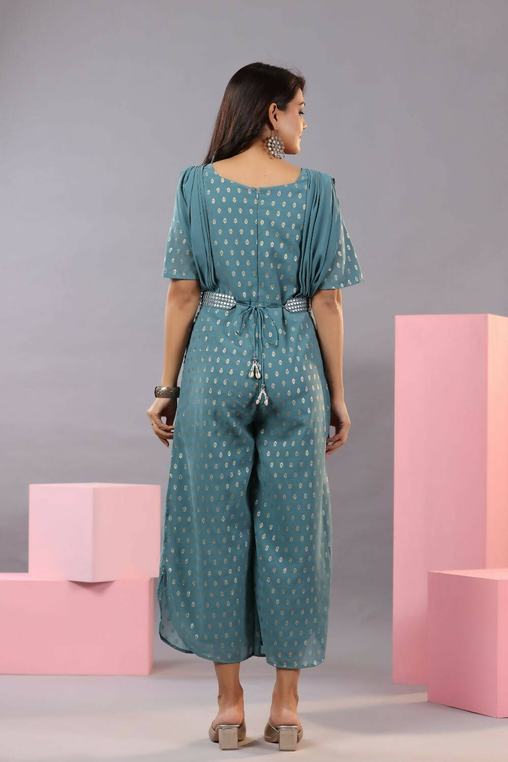 Juniper Women Teal Georgette Foil Printed Draped Jumpsuit - Distacart