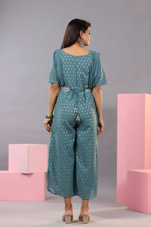 Juniper Women Teal Georgette Foil Printed Draped Jumpsuit - Distacart