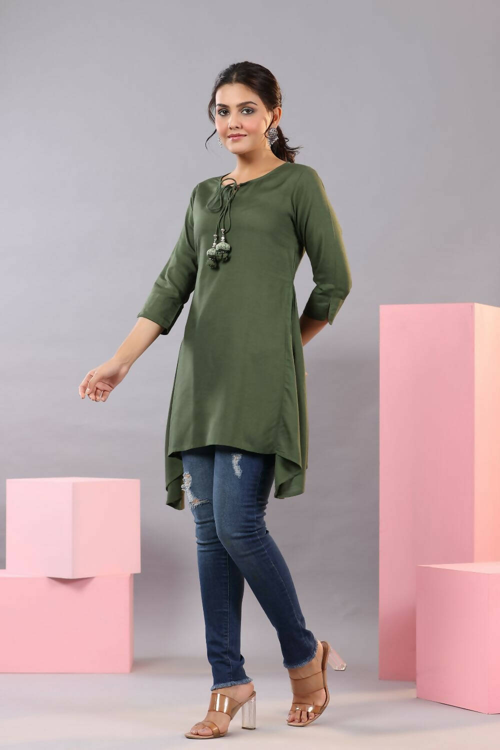 Juniper Women Olive Rayon Solid Asymmetric Kurta - Distacart