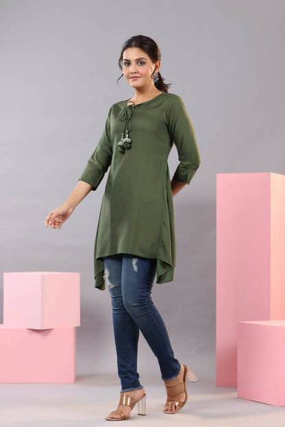 Juniper Women Olive Rayon Solid Asymmetric Kurta - Distacart