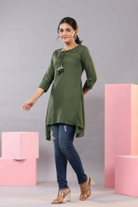 Thumbnail for Juniper Women Olive Rayon Solid Asymmetric Kurta - Distacart