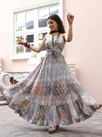 Thumbnail for Blue Crepe Foil Printed Long Dress - Michan - Distacart