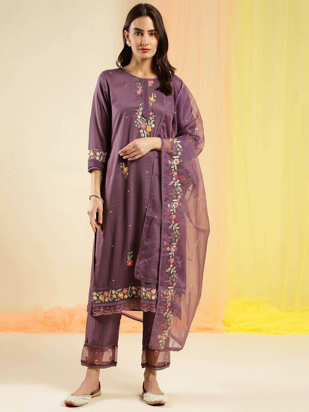 Wine Chinon Embroidered Straight Kurta with Trouser & Dupatta - Salimar - Distacart