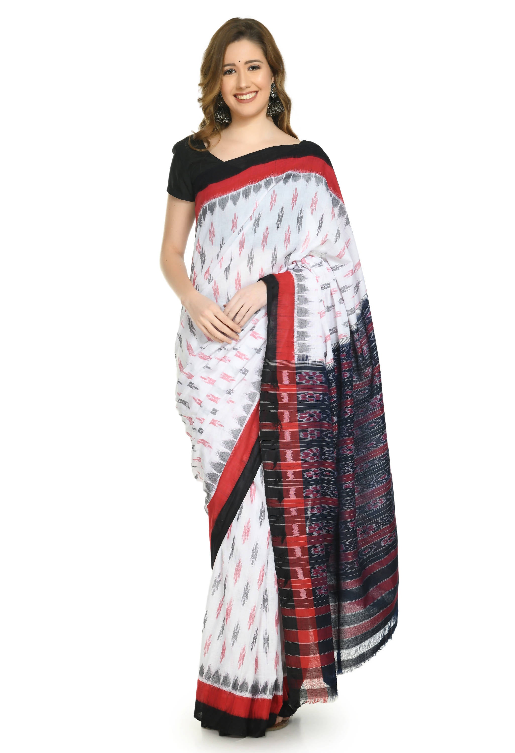 Vamika Sambalpuri Ikat Cotton Dehabandha White, Red & Black Saree - Distacart