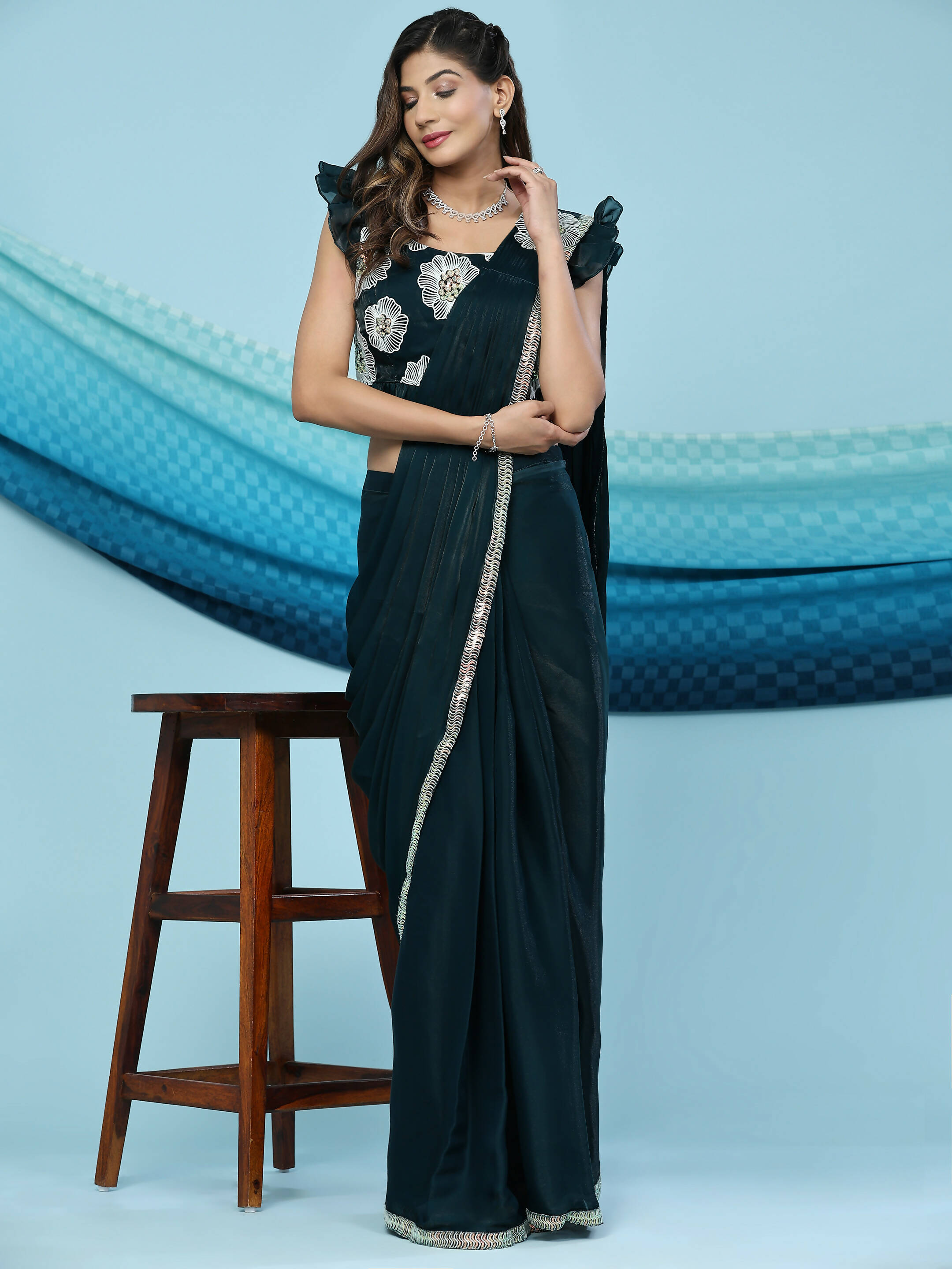 Green Silk Satin Sequence Work Ready to Wear Saree with stitched Blouse - Nirvana - Distacart