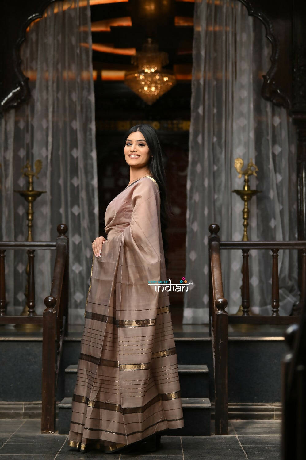 Very Much Indian VMI Exclusive Designer! Handloom Cotton Silk Saree With Sleek Golden Border - Warm Taupe - Distacart