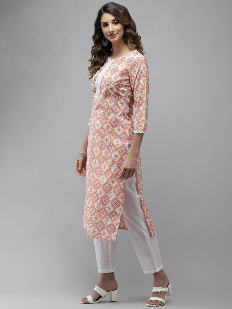 Yufta Women Peach And White Kurta with Trouser Set