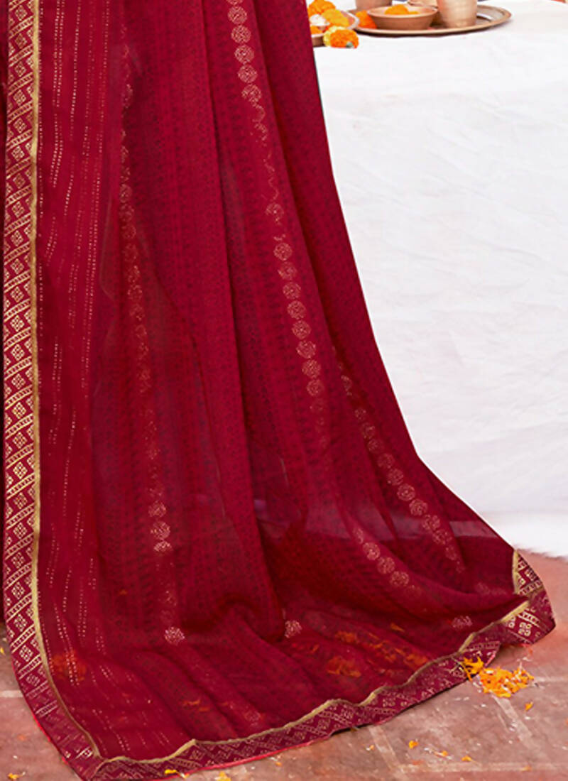 Maroon Georgette Foil Printed Saree with Unstitched Blouse Piece - Avika - Distacart