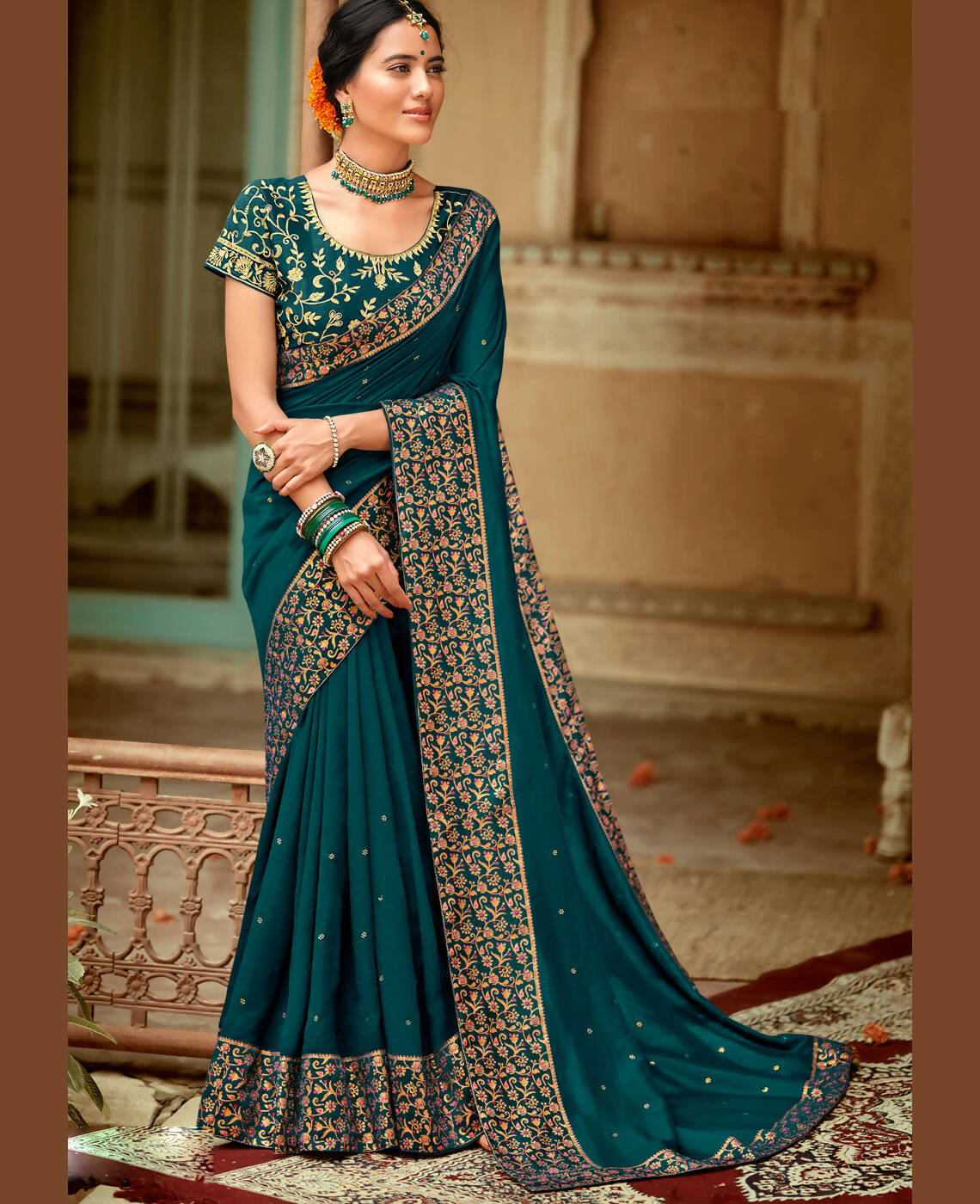 Blue Vichitra Stone Work Saree With Unstitched Blouse Piece - Rosy - Distacart