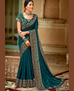 Thumbnail for Blue Vichitra Stone Work Saree With Unstitched Blouse Piece - Rosy - Distacart