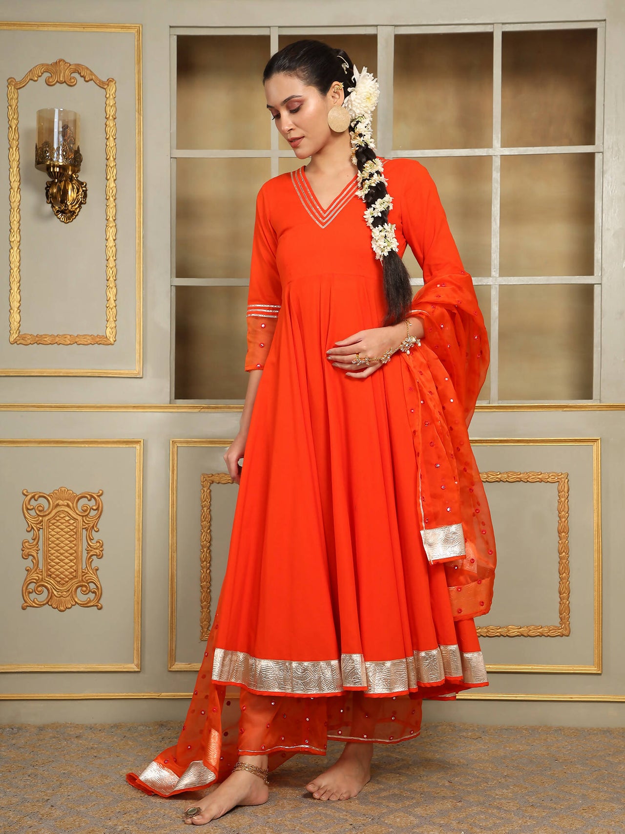Pomcha Jaipur Orange Saadgi Orange Mirror Work Anarkali Set - Distacart