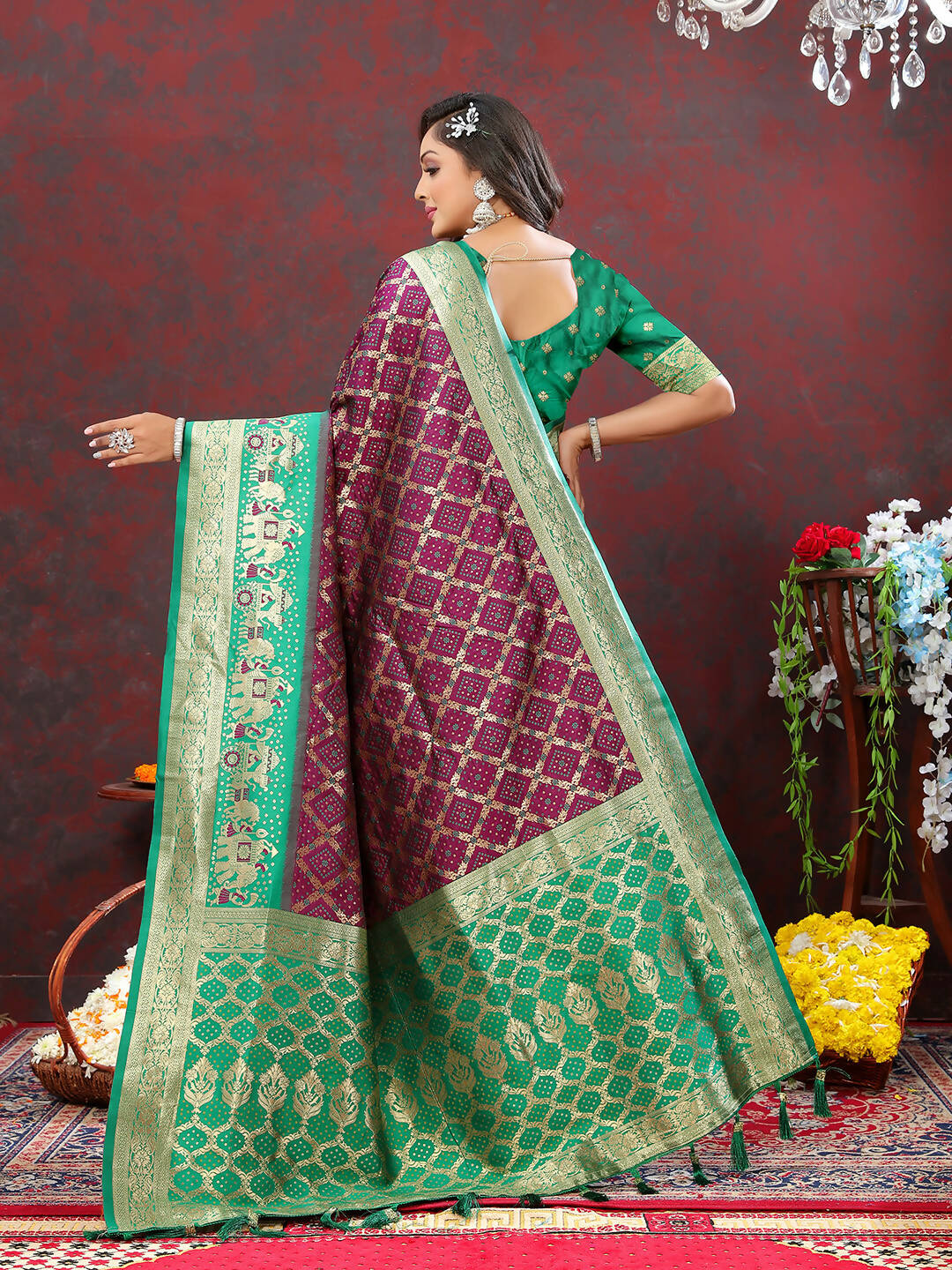 Lorenvalley Fashion Wine & Green Patola Silk Woven Design Meenakari Weaving Saree - Distacart
