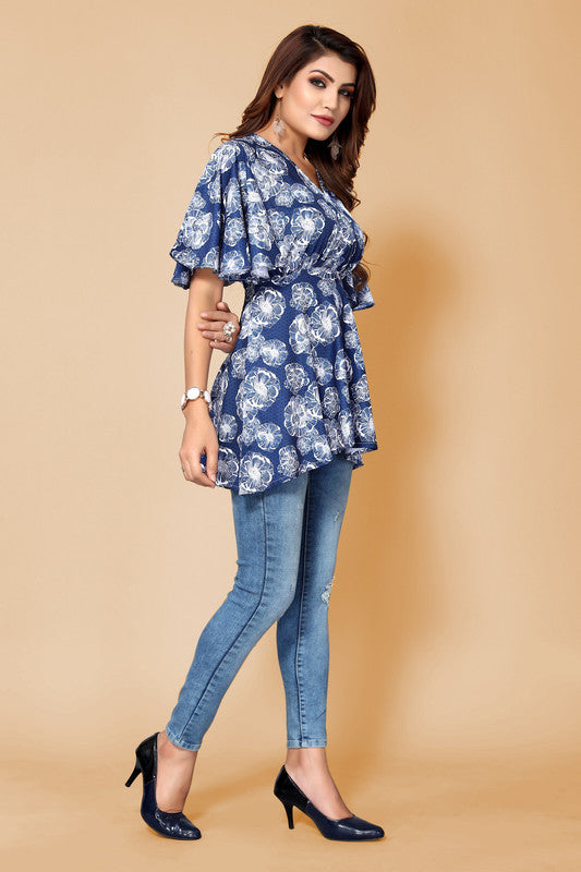 Malishka Womens Blue Crepe Digital Print Floral Top - Blue - Distacart