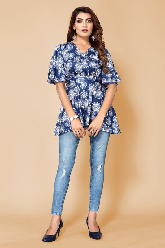 Malishka Womens Blue Crepe Digital Print Floral Top - Blue - Distacart