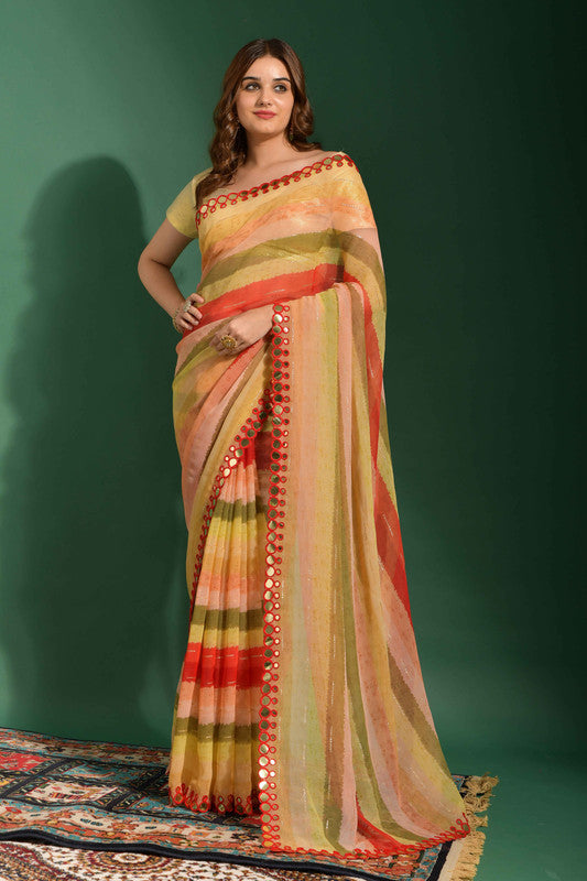 Malishka Women's Red Laheriya Printed, Zari Work & Lace Boarder Chiffon Saree With Unstitched Blouse - Distacart