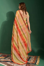 Thumbnail for Malishka Women's Red Laheriya Printed, Zari Work & Lace Boarder Chiffon Saree With Unstitched Blouse - Distacart