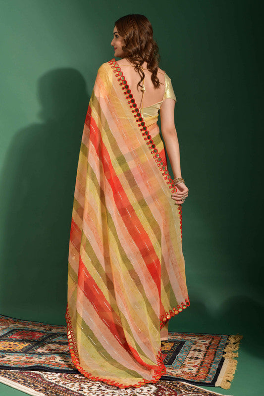 Malishka Women's Red Laheriya Printed, Zari Work & Lace Boarder Chiffon Saree With Unstitched Blouse - Distacart