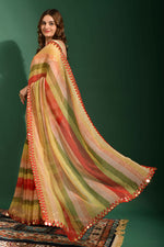 Thumbnail for Malishka Women's Red Laheriya Printed, Zari Work & Lace Boarder Chiffon Saree With Unstitched Blouse - Distacart
