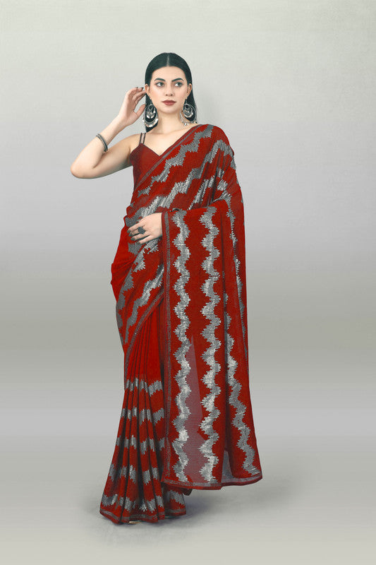 Malishka Women's Designer Georgette Sequence Embroidery Work Saree With Blouse Piece - Red - Distacart
